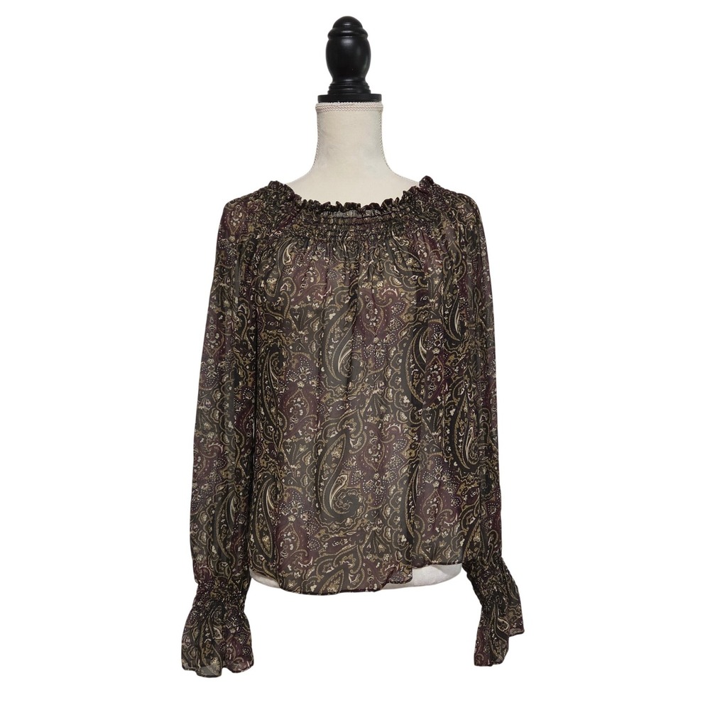 Y2K Silk Dark Paisley Sheer Chiffon Poet Sleeve Top Size L Romantic Whimsigoth